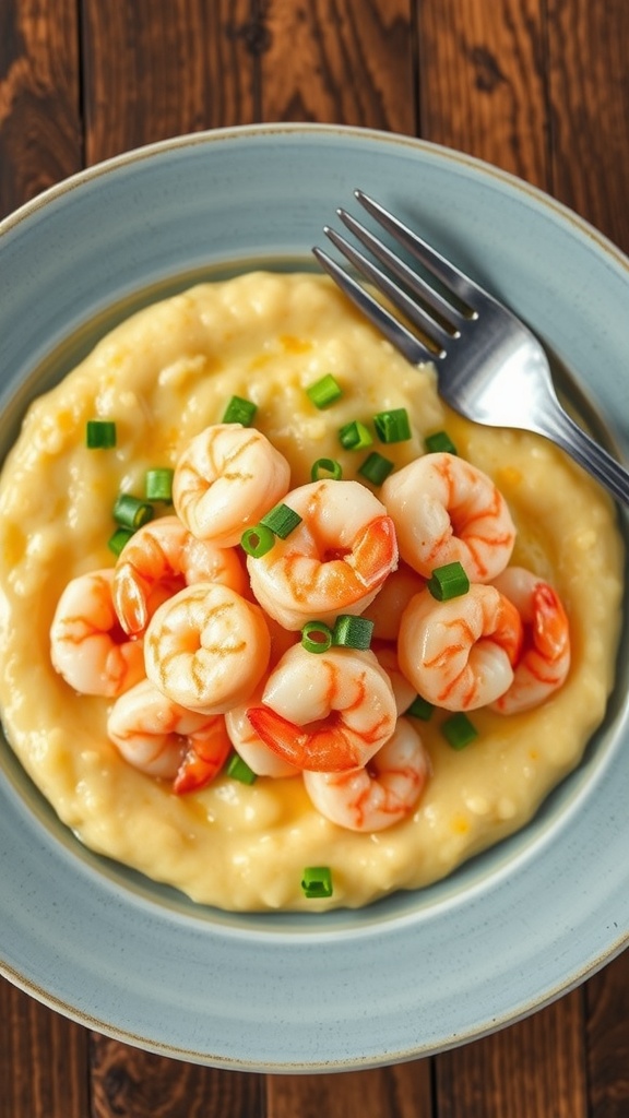 A plate of shrimp and grits with pink shrimp on creamy grits, garnished with green onions on a rustic wooden table.